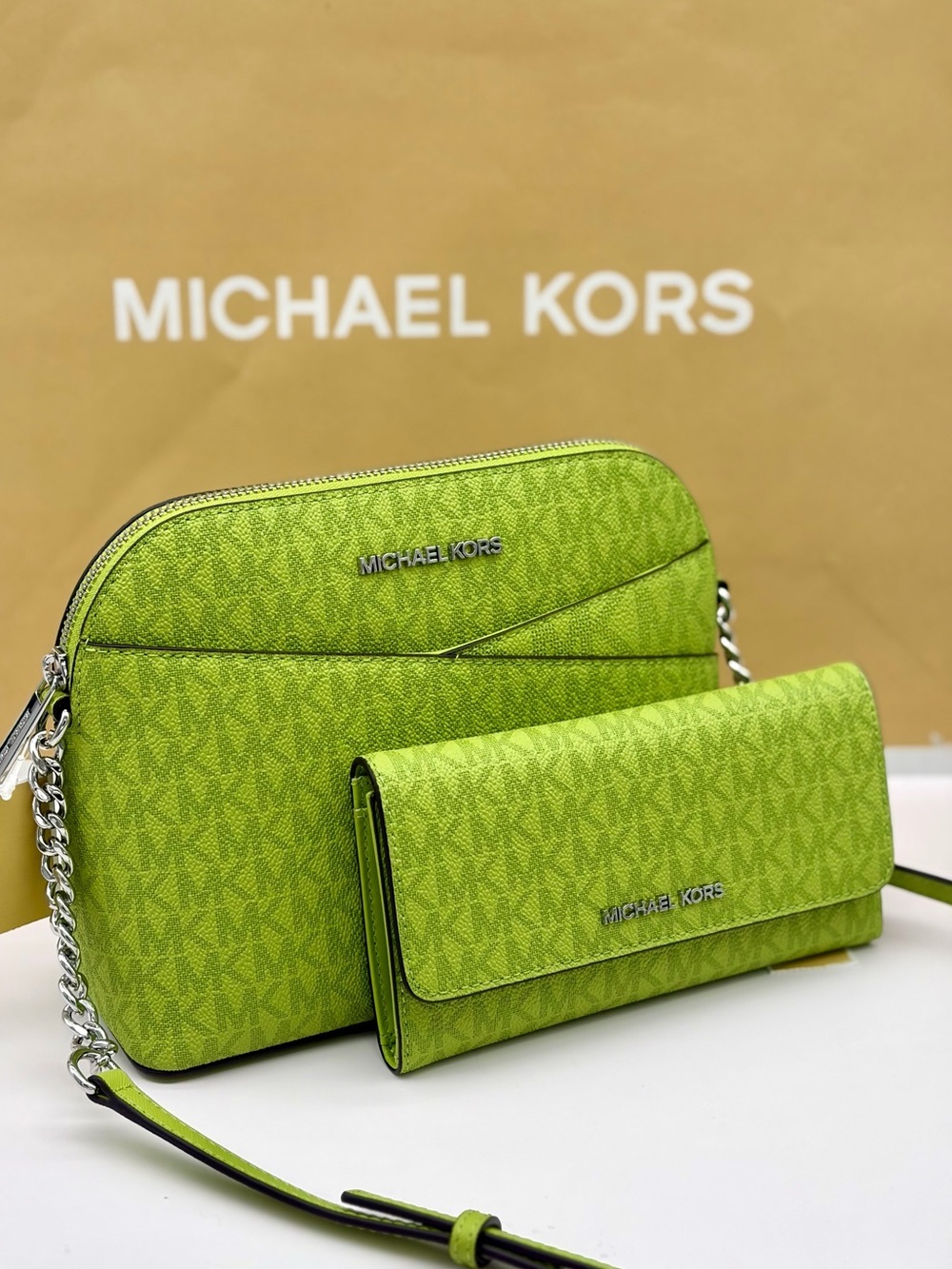 Michael Kors Jet Set Travel Medium Logo Dome Crossbody Bag and Wallet Set Lime